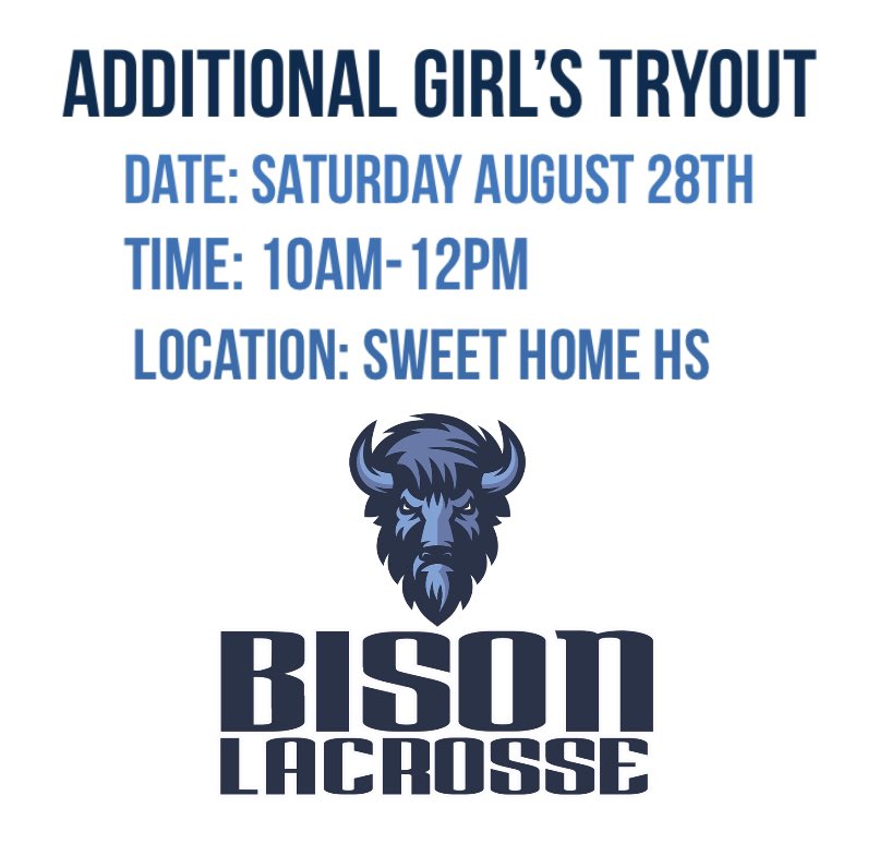 There’s still time to sign up for our tryout tonight! If you can’t make tonight we are hosting an additional tryout this Saturday! 
Register for both at: bisonlacrosse.org/pages/tryouts