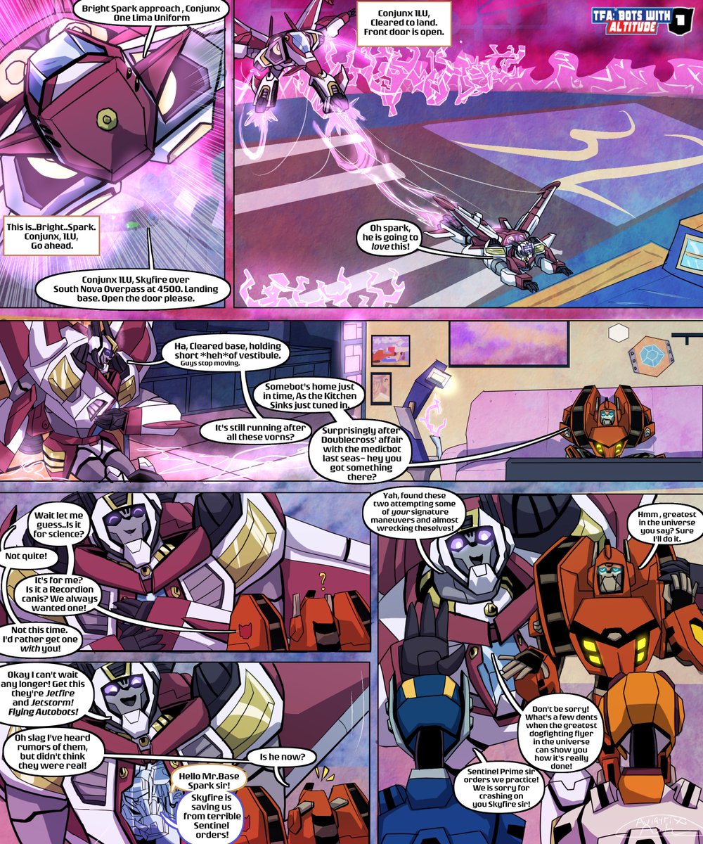 aviatrix_ash's tweet photo. Just making a single threaded post for my #TransformersAnimated comics since Twitter scrambled the 1st post. 

This has been a fun little project of mine over the last year and a half . This 9 page features my current fave OTP meeting new friends and having some sky fun! c: https://t.co/zKd9Yin7KB