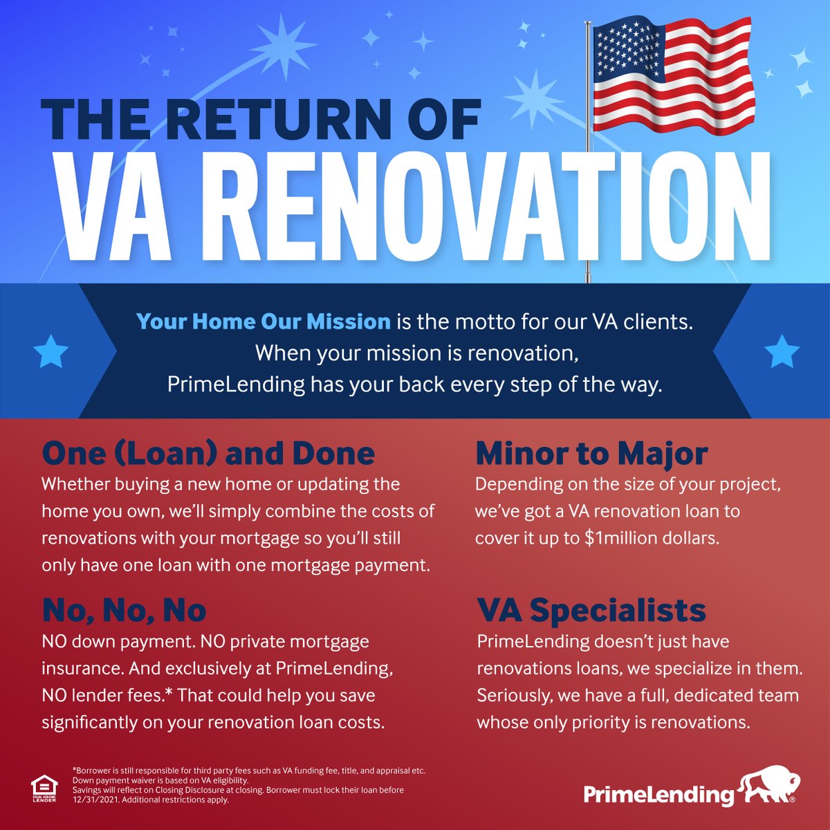 As America’s Renovation Lender, you can feel confident your VA renovation process will be simple and streamlined at every step at PrimeLending. From savings to dream home, your home is our mission. maylendingteam.com
