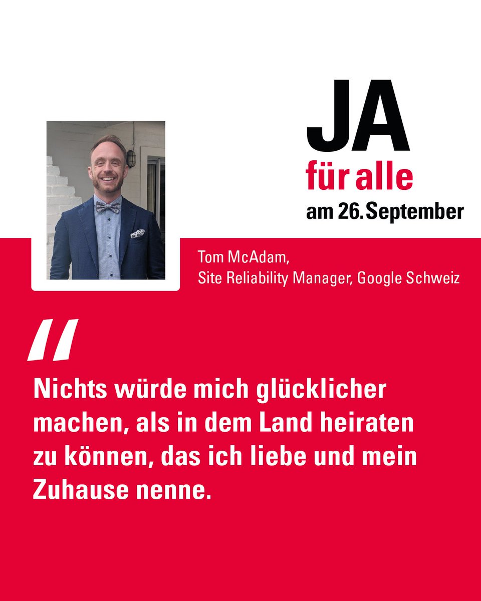 Gleichgeschlechtlichen Paaren wird der Zugang zur #Ehe verwehrt. Es ist höchste Zeit, der gesellschaftlichen Realität endlich Rechnung zu tragen. Das findet auch <a href="/Google/">Google</a> Schweiz! Wir danken @tfm für die Unterstützung.

#JaFuerAlle #EheFuerAlle
#Abst21 #CHVote