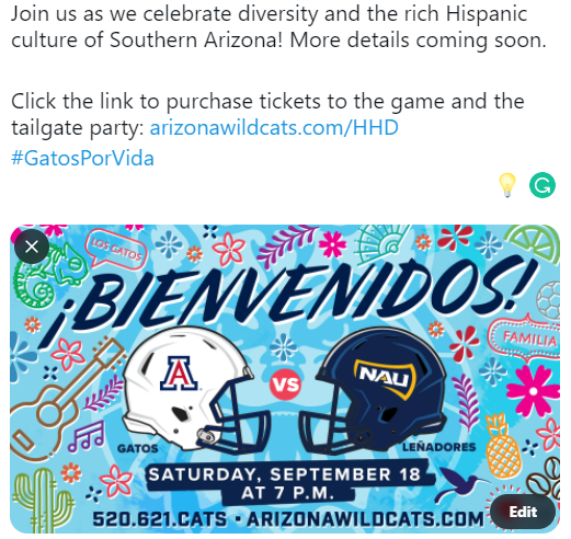 LuisECoronado's tweet photo. ¡Únete a la gran celebración de la diversidad y la rica cultura hispana de Tucson y el sur de Arizona en el partido de fútbol americano del Dia de la Herencia Hispana entre el quipo de la @uarizona "Gatos Salvajes" vs "Los Leñadores" de la NAU!
#GatosPorVida" https://t.co/frhfhd0QLe