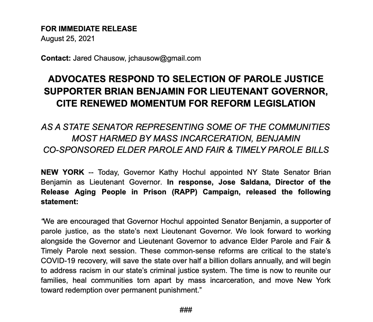 RAPPcampaign's tweet photo. BREAKING: Governor Kathy Hochul has selected #ParoleJusticeNY supporter Senator Brian Benjamin as Lt. Governor.
Our statement: "The time is now to reunite our families, heal communities torn apart by mass incarceration, and move NY toward redemption over permanent punishment." https://t.co/Ii5jgczYp2