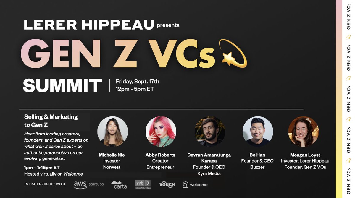 🚨 GEN Z VCs SUMMIT -- Panel Announcement 🚨 

Want to hear about what resonates with Gen Z? Look no further! Hear from creators like <a href="/abbyrartistry/">Abby Roberts</a>, founders building for Gen Z (<a href="/devran_a_k/">Devran Amaratunga Karaca</a>, <a href="/bohan/">Bo Han 한보형</a>) &amp; more!  

Tune in 1pm ET on Sept. 17th, register here: …rerhippeaugenzvcsummit.splashthat.com