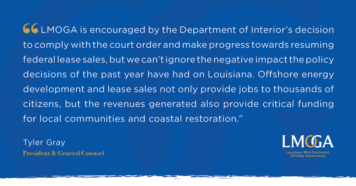 LMOGA's tweet photo. Yesterday, @Interior announced plans to move forward with lease sales. LMOGA encourages support for domestic energy production to meet energy demands for Louisiana's economy and our nation's security.  

📣 Read our full statement here: https://t.co/ZqLOfJWQaW https://t.co/RD7WUiarIi