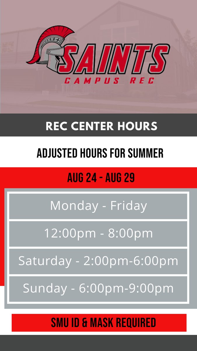 It's an exciting week as students return to campus in preparation for Incipio!  Starting on Aug 30 we'll shift back to our normal operations for the semester. 

Things to remember: 
#1 Bring your SMU ID (must have with you to get in)
#2 Bring your mask