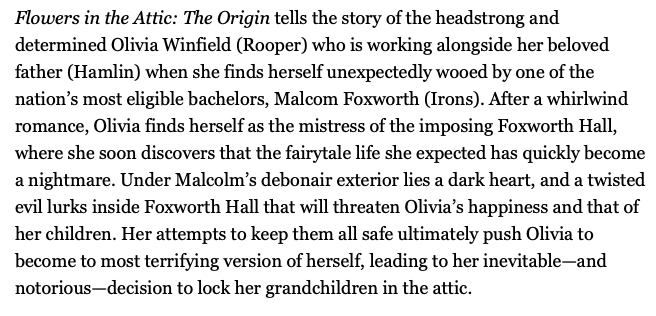 MIronsUpdate's tweet photo. ''tells the story of the headstrong and determined Olivia Winfield (Rooper) who is working alongside her beloved father (Hamlin) when she finds herself unexpectedly wooed by one of the nation’s most eligible bachelors, Malcom Foxworth (Irons)''
#MaxIrons
Via 'DEADLINE' https://t.co/0gEDSYii0n