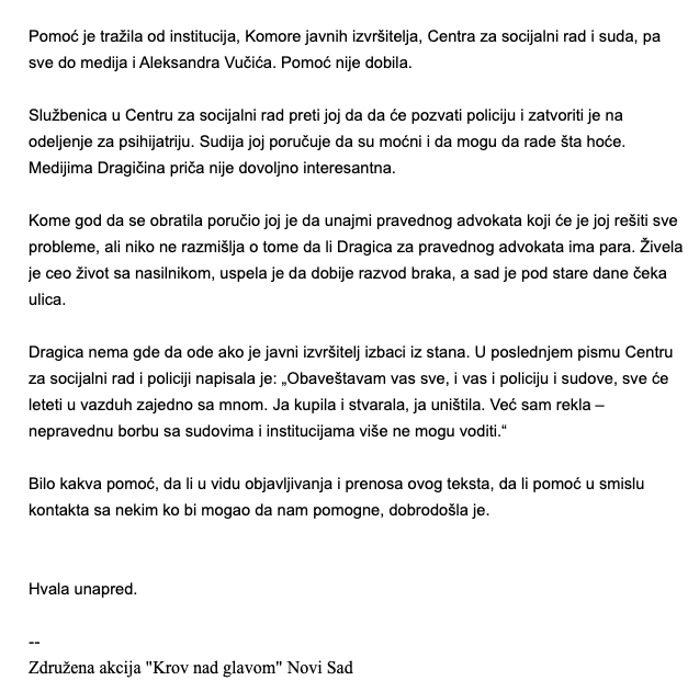 muske_suze's tweet photo. Hajmo da pomognemo ženi koja je pola života trpela nasilje od muža alkoholičara, a sad i od institucija koje pomažu nasilniku da je izbaci iz stana koji je sama kupila na ulicu. Pomoć nije nužno novčana, već pravna, a ako možete da pomognete još nekako, pišite @krovnadglavomns
🔻 https://t.co/bkfWWd7amh