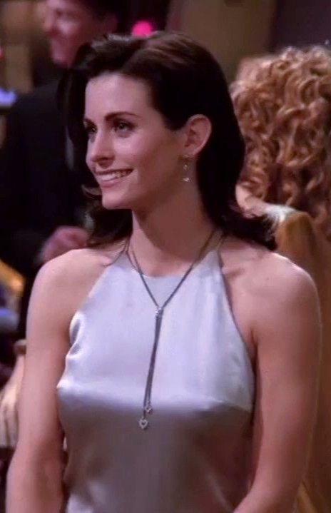 monica geller silver dress Dark Silver Satin Slip Dress worn by Monica Geller (Courteney Cox) in Friends (S01E10)