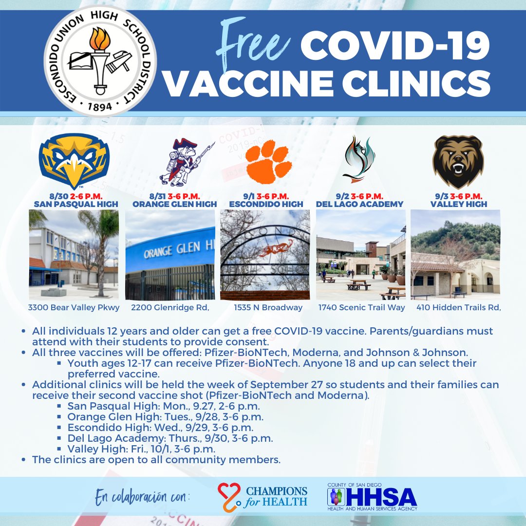 Vaccine clinic happening today at <a href="/SanPasqualHS/">San Pasqual High</a>, 2-6 p.m.
💉 No registration required
💉 Open to all community members
💉Parents must attend with their student to provide consent