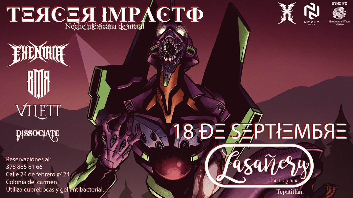 Próximo evento en casa.

18 de septiembre en Lasañery
¡Acompañados de nuestros hermanos de <a href="/BMRoficial/">BMR</a> , <a href="/Vilett_oficial/">Vilett</a> , Dissociate y más sorpresas!
⚠️ MEDIDAS COVID ACTIVAS ⚠️

#EstoEsExentria #SigueLaX #ViveExentriaViveElMetal
<a href="/BarcaMetalFest/">La Barca Metal Fest</a>- #NexusPicks - #StakFX