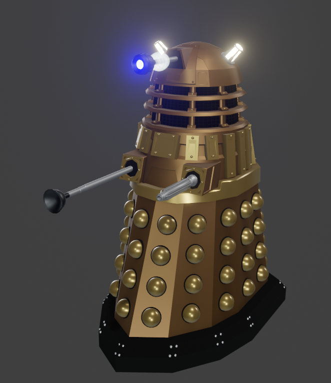 Exactor1s_'s tweet photo. Hi, I modelled a #DoctorWho Dalek in #Blender3d instead of working on the things I'm supposed to be doing before an imminent deadline. How's your day going? https://t.co/X4hc2lQO8C