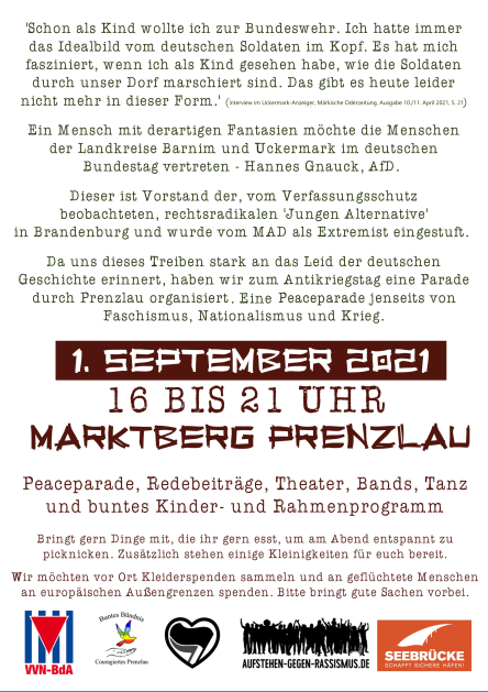 am 01.09. auf nach #Prenzlau zur "Peaceparade". Wir haben kein Bock auf Gnauk und seine #noAfD #noJA! Gegen Faschismus, Nationalismus und Krieg.