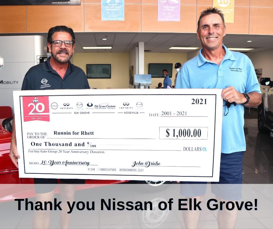 Thank you Nissan of Elk Grove for your generous support of Runnin' for Rhett and our Youth Fitness Program! 💙 #community #MoveIntoLife #donation #charity #elkgroveautomall