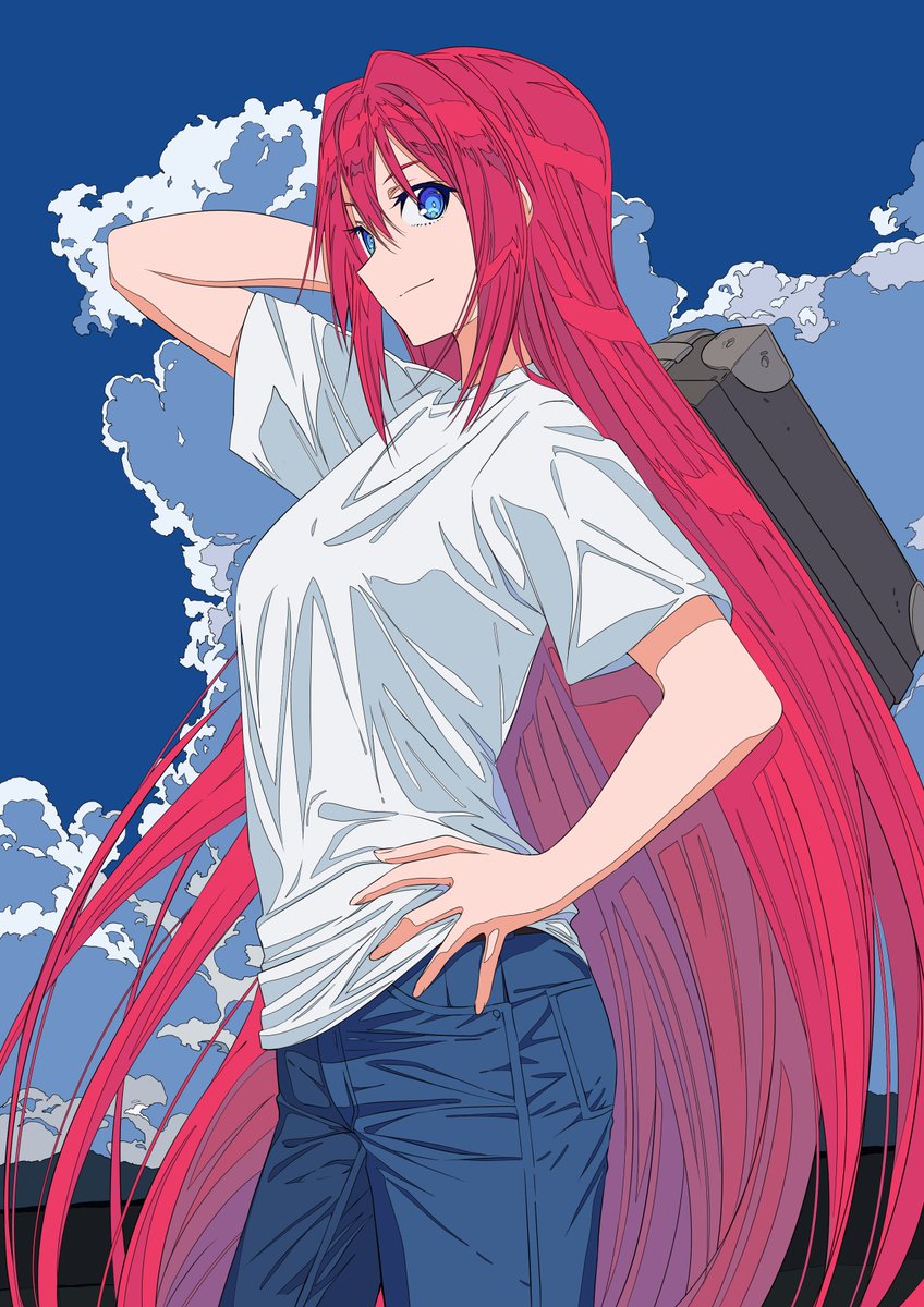 aozaki aoko 1girl long hair solo pants blue eyes jeans shirt  illustration images