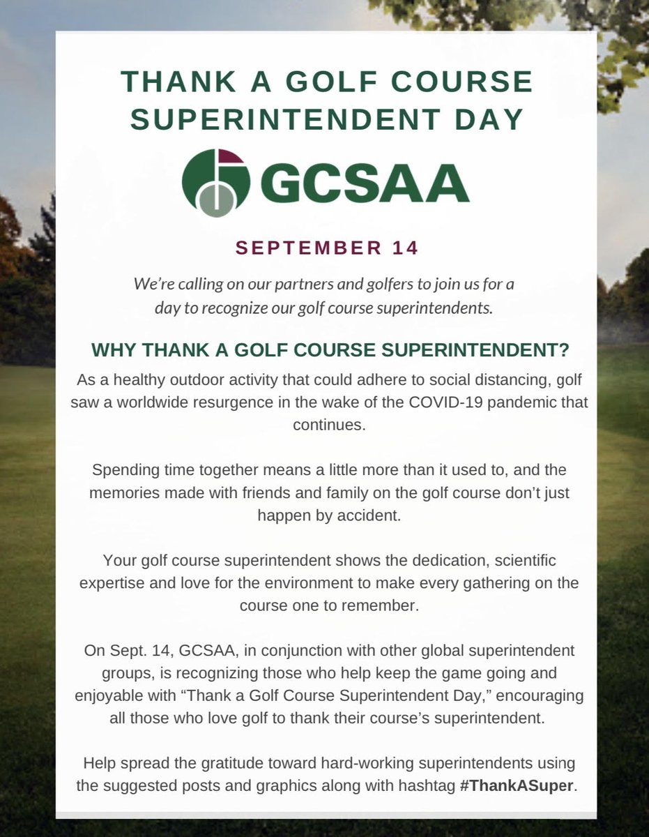 Show your support on September 14th for 'Thank a Golf Course Superintendent Day'! 

We will be sharing your posts until this special day! So be sure to tag us and use the hashtag #Thankasuper