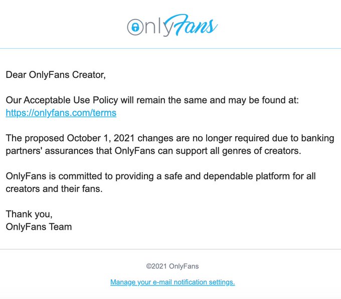En el correo de @OnlyFans no dicen que lo suspendieron como lo dice en el Twitter, dicen que ya no es<a class="tags" href="/tag/onlyfans">@onlyfans</a><a href="/tag/onlyflans"class="tags"><span>#onlyflans</span></a>