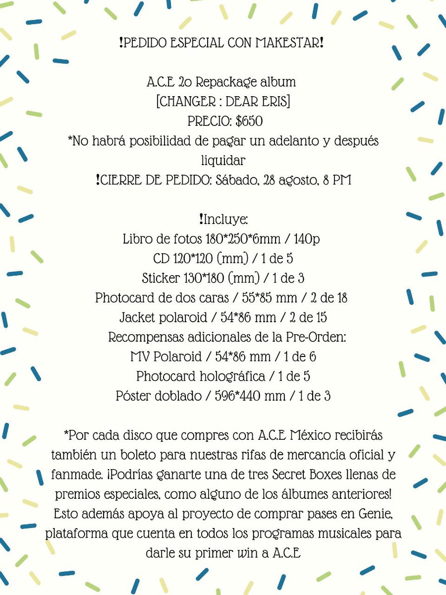 ace7mxco's tweet photo. ❗️PEDIDO ESPECIAL CON MAKESTAR❗️ 

🍀A.C.E 2o Repackage album 🍀
🌼[CHANGER : DEAR ERIS]🌼
🌼PRECIO: $650
*No habrá posibilidad de pagar un adelanto y después liquidar
❗️CIERRE DE PEDIDO: Sábado, 28 agosto, 8 PM https://t.co/MzvepD9ttX