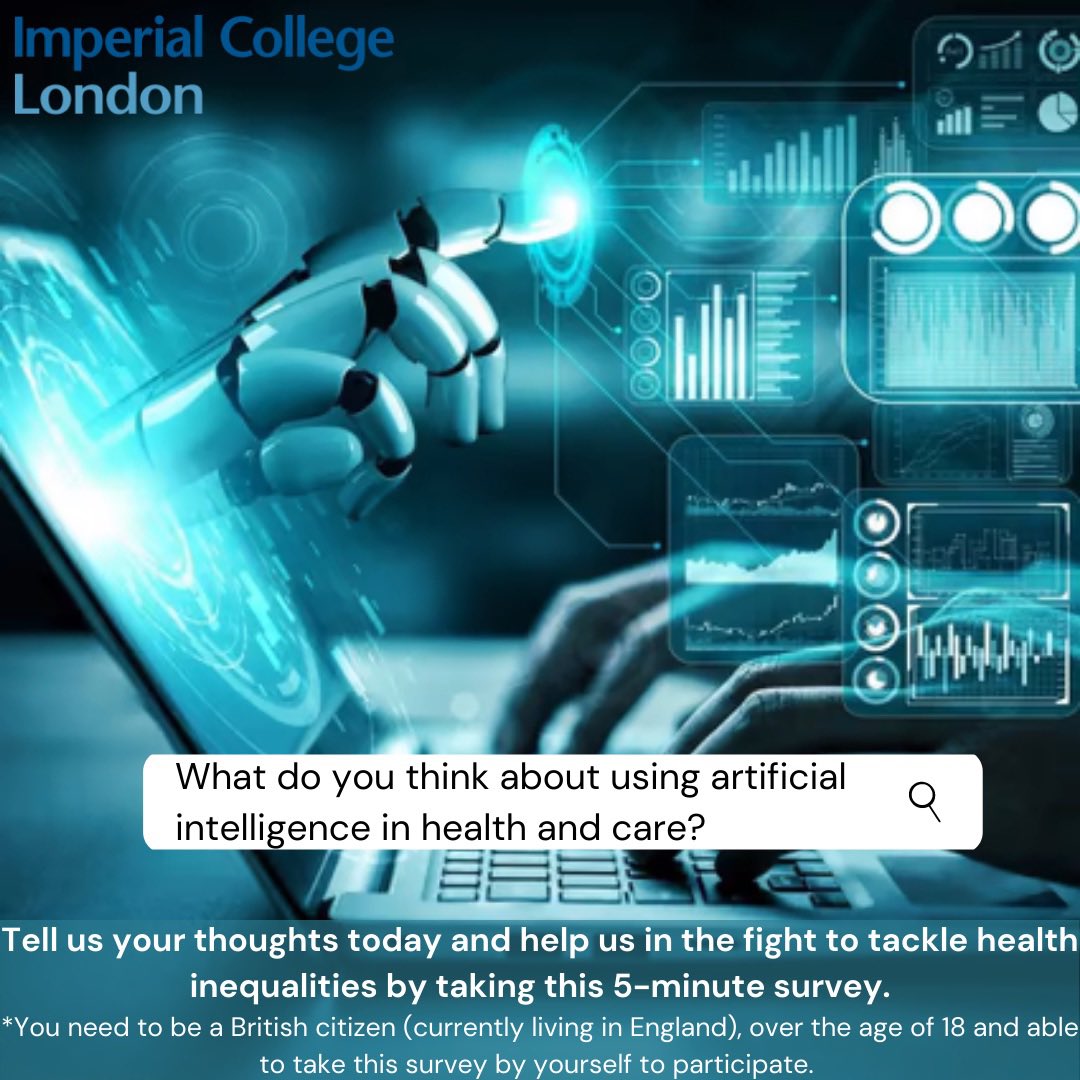 After months of preparation and consultation, I’ve finally launched my MSc survey on #AI #perception #healthinequalities. I’d really appreciate if all those eligible could complete it and everyone share as widely as possible. Please and thank you! Link is: imperial.eu.qualtrics.com/jfe/form/SV_cS…