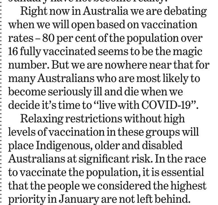 Raf_Epstein's tweet image. Only 1 in 4 NDIS participants are vaxxed

Only 1 in 3 disability workers are vaxxed

Just over 1 in 8 indigenous vaxxed

Should we complete the 1st plan (from Jan) to vax them

before we adopt the next "plan" to open up? 

@enenbee 

theage.com.au/national/vulne…