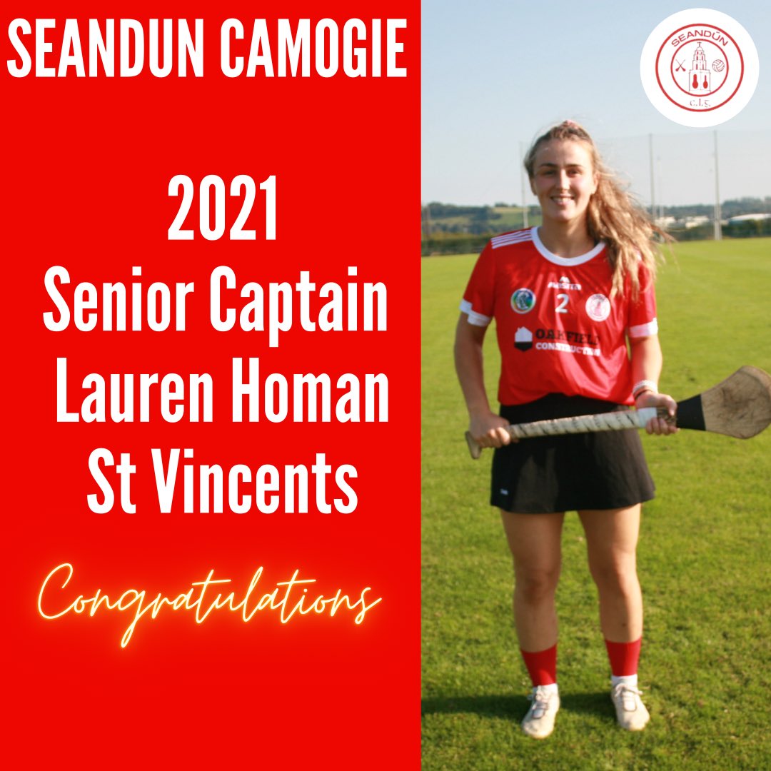 SeandunCamogie's tweet image. Seandún Senior management are delighted to announce that Lauren Homan (St Vincent’s) is the 2021 Seandún Senior Captain 
We would like to take this opportunity to wish Lauren and the team the very best in Championship