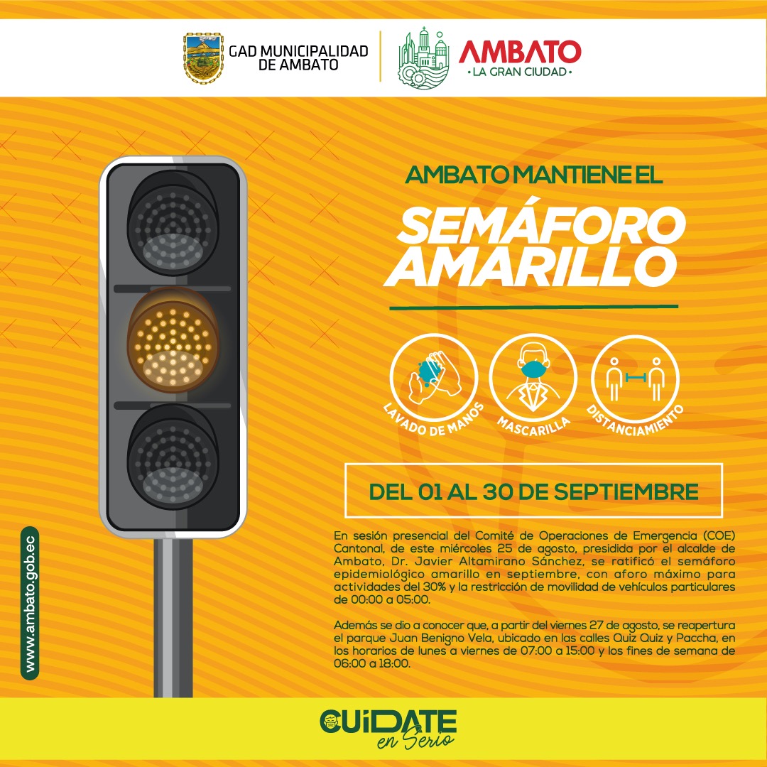 gadambato's tweet photo. COE Cantonal establece semáforo amarillo para todo el mes de septiembre.
#ConstruyendoLaGranCiudad
#CuidateEnSerio https://t.co/NFEDwpj5X5