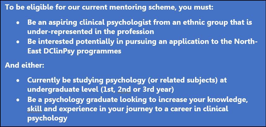 Newcastle Clinical Psychology Doctorate (@ncldclinpsy) on Twitter photo Our mentor scheme for aspiring clinical psychologists from UK minority ethnic backgrounds is open to applications! We offer individual input & group workshops/reflective spaces to facilitate your journey into the profession. Contact mentoringdclinpsy@newcastle.ac.uk for more info Our mentor scheme for aspiring clinical psychologists from UK minority ethnic backgrounds is open to applications! We offer individual input & group workshops/reflective spaces to facilitate your journey into the profession. Contact mentoringdclinpsy@newcastle.ac.uk for more info