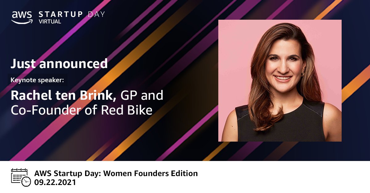 Get excited! Rachel ten Brink, GP and Co-Founder of <a href="/redbikecapital/">Red Bike Capital</a>, is our keynote speaker at AWS Startup Day. Join us 👉 on September 22 to hear her story as a #Latinx #startup #founder, investor, and entrepreneur. #AWSStartupDay #Womenintech 

✨ go.aws/3BeR7c6✨