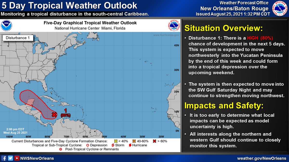 NWSNewOrleans's tweet image. 🌀 1PM CT Update from @NHC_Atlantic. Focus remains on a tropical disturbance located in the south-central Caribbean. Some steady strengthening is expected as this system continues NW. All interests along the northern &amp;amp; western Gulf should monitor this system (1/2) #lawx #mswx