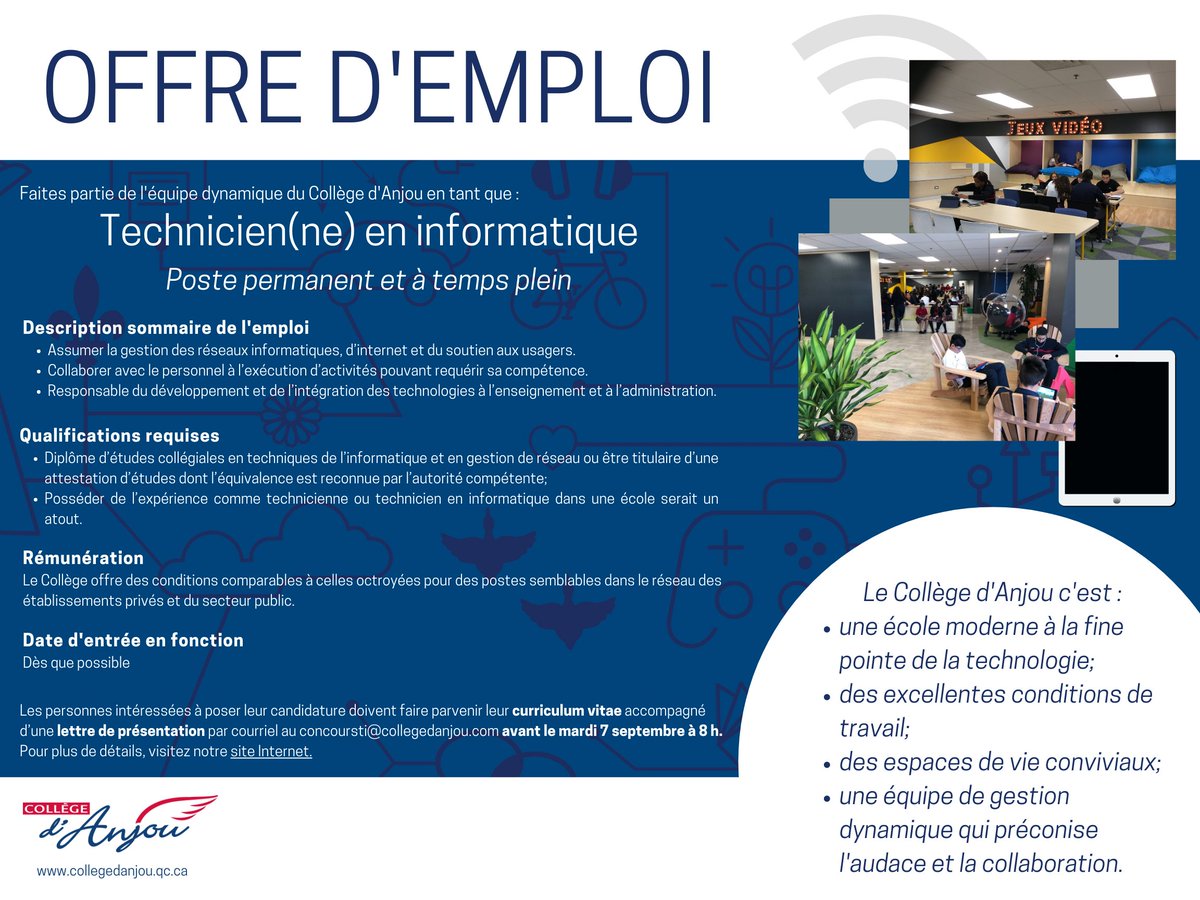 Le Collège est présentement à la recherche d'un(e) candidat(e) pour se joindre à notre équipe en tant que technicien(ne) en informatique. Venez faire partie de la famille du Collège d'Anjou! 

👇Pour voir l'offre complète
collegedanjou.qc.ca/emplois/
<a href="/LaFEEP/">LaFEEP</a> <a href="/AMEQenligne/">AMEQ en ligne</a> <a href="/AMEQEmplois/">AMEQ Emplois</a>