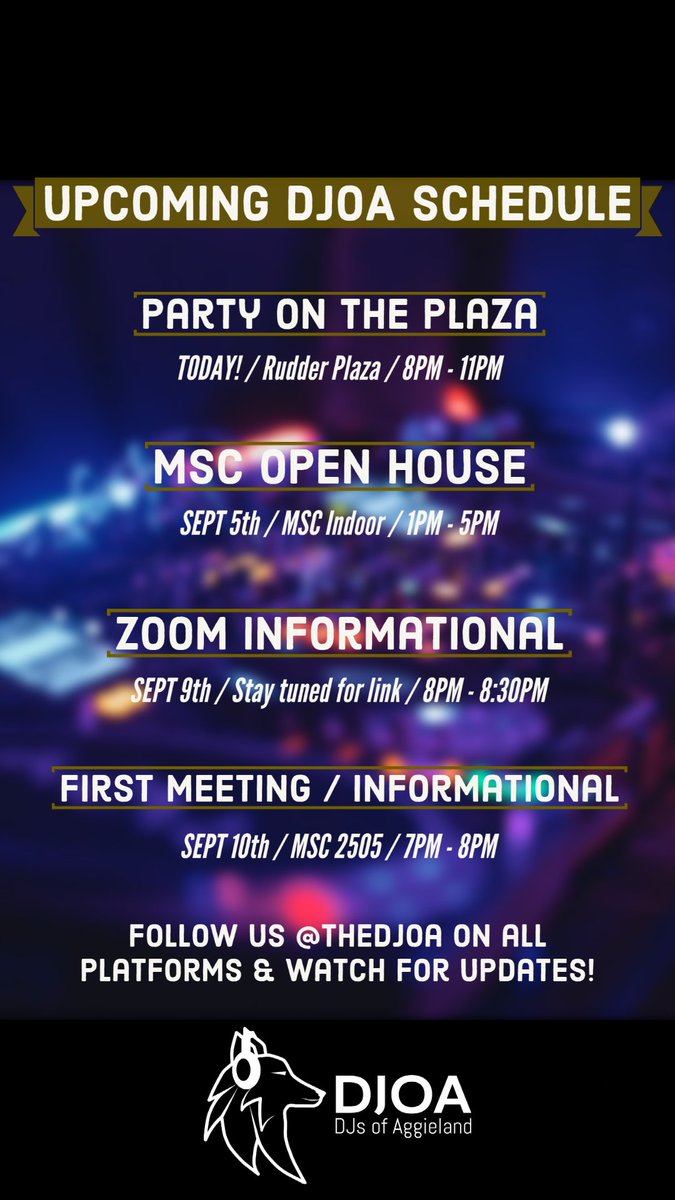 TheDJOA's tweet photo. We are excited to begin the Fall 2021 semester! Come talk to us at any of the following events if you are interested in joining our organization. Make sure to especially attend our informationals and stay tuned on our socials for important updates! https://t.co/1ZNDJLSrPJ
