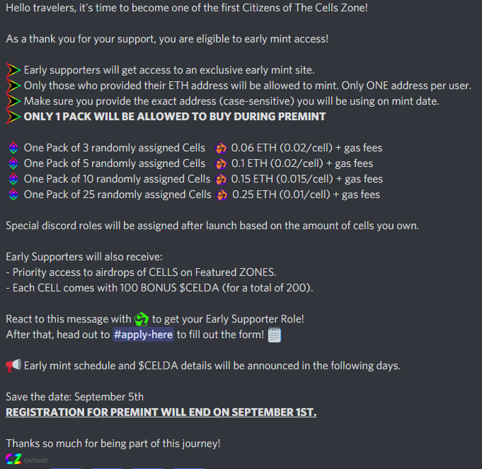 CellsNFT's tweet photo. We are very happy to announce our Early Supporter Program.
Looking forward to our launch date, if you are willing to be part of this journey. Join us on discord, claim your Early Supporter Role and follow the instructions.
Thanks so much for being here!
#nftcollector #NFT https://t.co/A2Q4eKHc6B