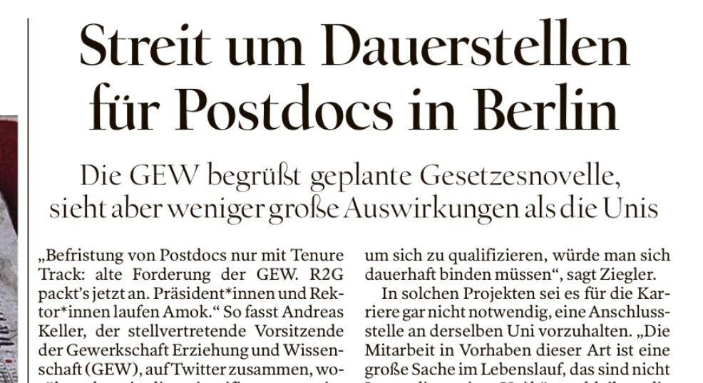 AKellerGEW's tweet photo. Streit um #TenureTrack-Pflicht für #Postdocs in #Berlin eskaliert. System darf nicht "lahmgelegt" werden, warnt @FU_Berlin-Präsident Ziegler. "Verstopfen", "Zement", "Lahmlegen", geht's noch? #IchBinHanna #Dauerstellen @gew_bund @GEW_BERLIN https://t.co/3N9Klc0d1l https://t.co/kkn4wQTqRQ