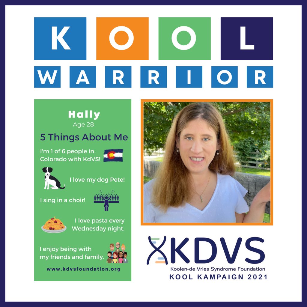 KdVSFoundation's tweet photo. Kool Warrior Hally is 28, loves her dog Pete, singing in choir, & Pasta Wednesdays. Hally was diagnosed in March, & wants more people to learn about KdVS. Visit https://t.co/70jbZWM3Ty to help Kool Individuals like Hally! #KooleneVriesSyndrome #KdVSFoundation #KoolKampaign https://t.co/sZx7SDFsOv