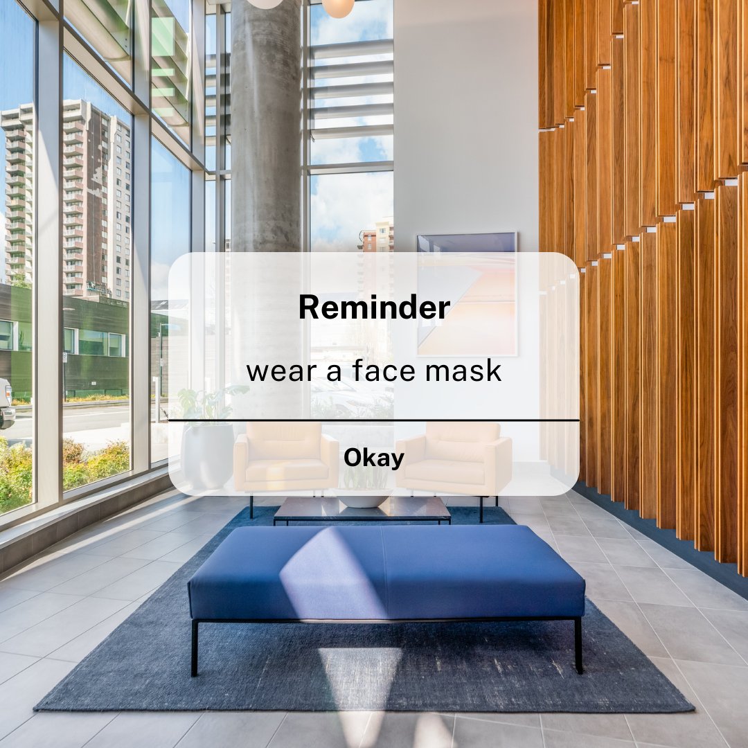 In accordance with recent announcements, we ask residents and staff to wear a mask in all indoor public spaces in BC &amp; Ontario. This includes building lobbies, corridors, amenities spaces, and elevators. Thank you &amp; stay safe.