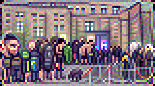 "Berghain queue. #pixelart" bit.ly/3kjU3xe #pollinations #generative #art #machinelearning