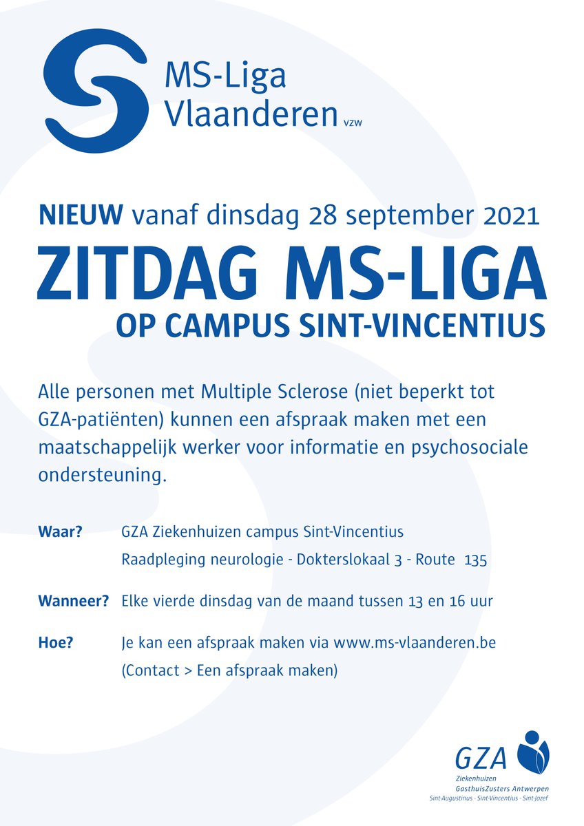 NIEUW! Vanaf dinsdag 28 september start de MS-Liga met een zitdag op campus Sint-Vincentius, en dit elke vierde dinsdag van de maand, in de namiddag. 
Meer info 👇