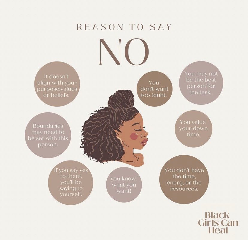 Saying No is good for your mental health.

#No #ItsaCompleteSentence #BoundariesSet #BoundariesAreHealthy #NoMoreMartyrs #BlackMentalHealth #BlackWomen #BlackGirls #MentalHealth