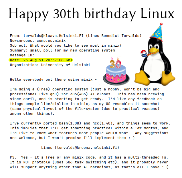 Hoy el Kernel Linux cumple 30 años. Feliz cumpleaños!!!🥳🥳
#Linux #LinusTorvalds