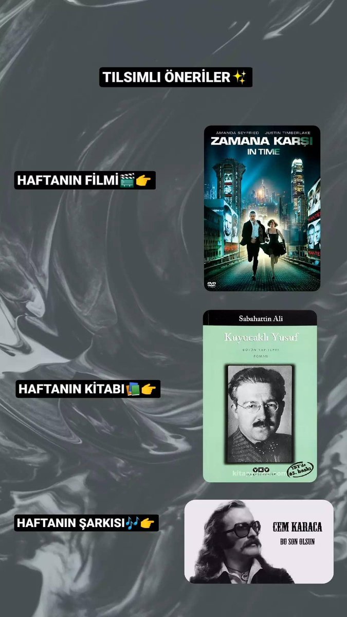Tılsımlı Öneriler✍️
Keyifli vakitler dileriz.✨
#Zamanakarşı
#KuyucaklıYusuf
#CemKaraca #Busonolsun