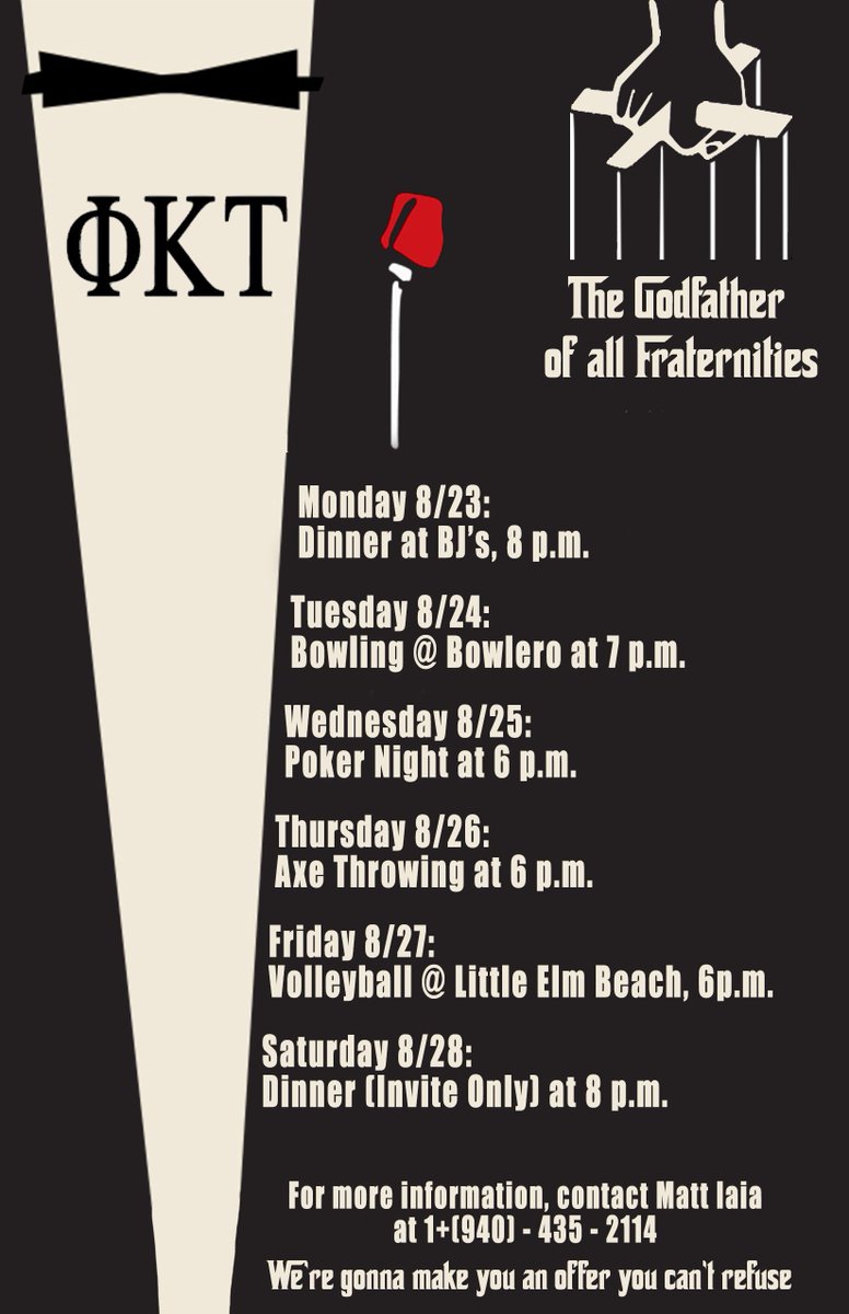 Phi Kappa Tau rush week is well underway but we still a few more events this week. This is a great opportunity to meet the brothers of Phi Tau.

DM us for details!
#unt25 #unt24 #unt23