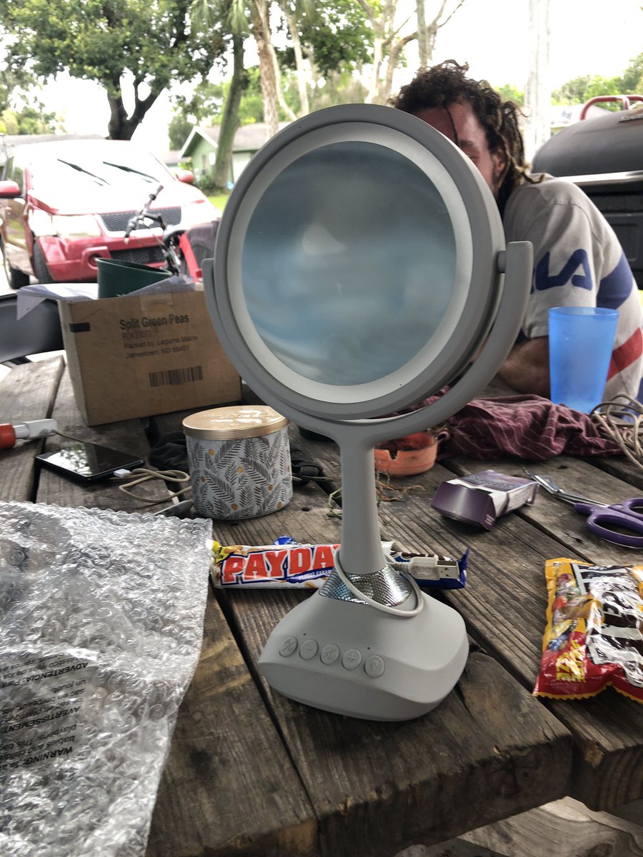 gvnormus277's tweet photo. The man behind this Mirror Says look what I found in the dumpster of Walgreens right plus it has Working lights and Bluetooth speaker https://t.co/40enAGQQe2