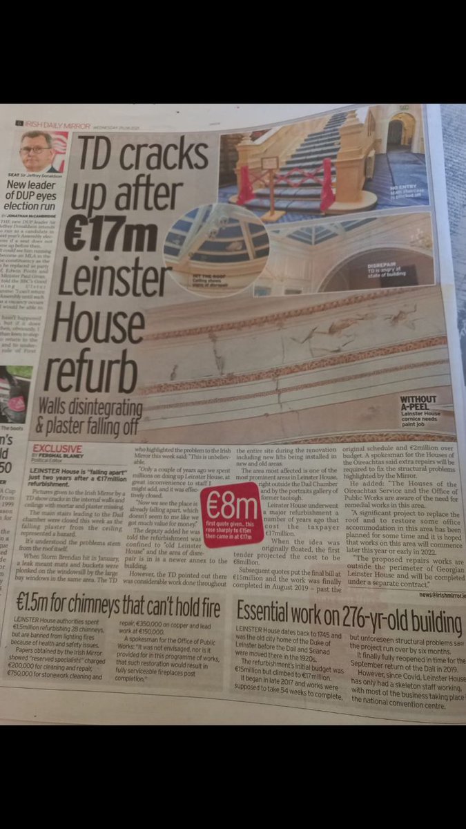 PaddyDiver4's tweet image. Siri, define irony... Leinster House is cracking under pressure (in more ways than one)

The cost of this refurb is 85% of the defective blocks budget from last year

It would be interesting to do an FOI to see how much taxpayers money is getting wasted? 🤔

#MicaRedress