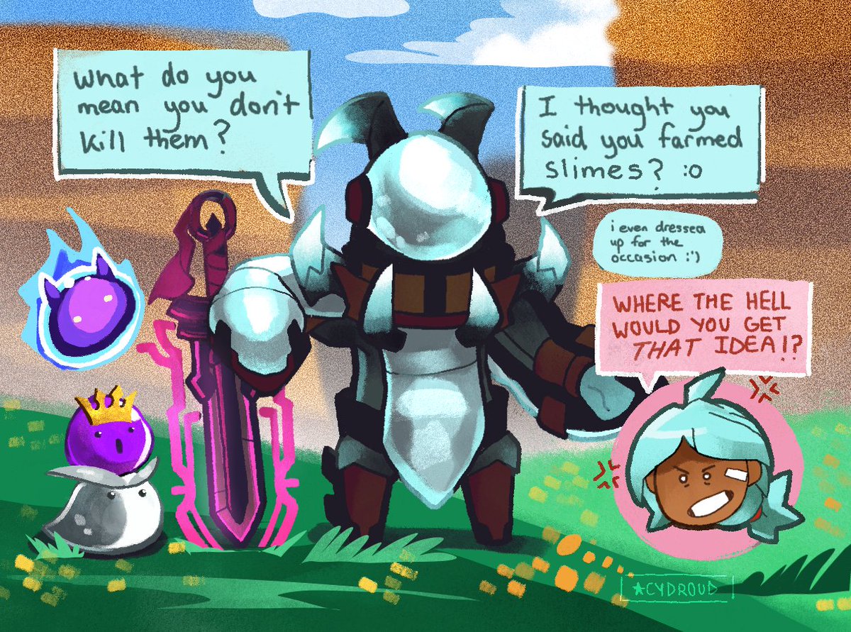 cydroud's tweet image. Slimes probably shouldn't touch the shadow weapon...
#slimerancher #spiralknights
