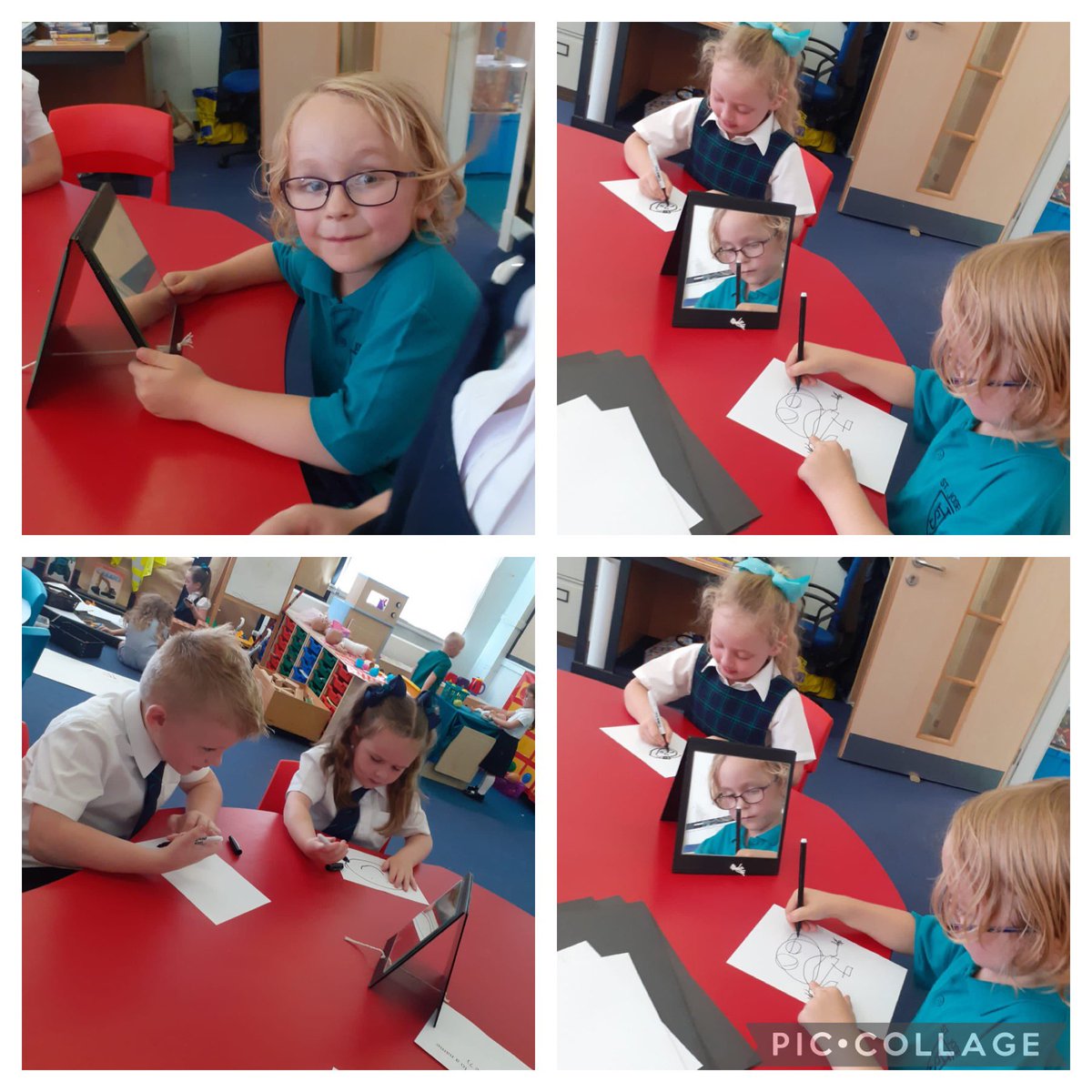 MissThomsonStJ1's tweet photo. We talked about some of our emotions and different facial expressions. We discussed what makes us happy and made our unique self portraits then wrote our name on them. #RightToaName #Emotions #WeveGotRights @st_josephps https://t.co/oBMdpBIQHv