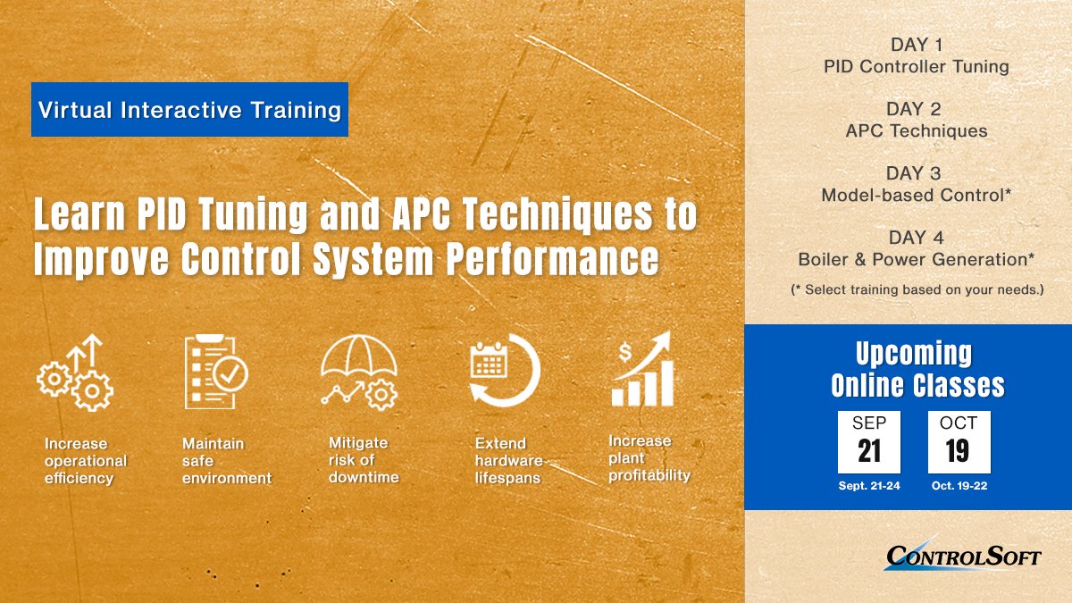 ControlSoftInc's tweet image. Learn PID tuning from the experts. Register for an upcoming online class in September or October this fall.
bit.ly/PIDtraining #pidtuning #apcsolutions #training #controlsoft