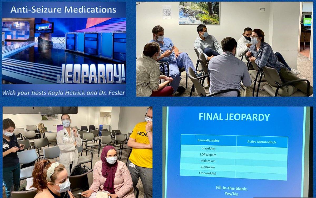 As the Summer EEG course wraps up for the <a href="/CLENeurons/">Cleveland Clinic Neurology Residents</a> residents, the awesome duo <a href="/khetric2/">Kayla A. Hetrick, Pharm.D., BCCCP</a> &amp; <a href="/drjesfes/">Jessica Fesler MD, MEd</a> hosted an impromptu Jeopardy on Anti-seizure medications! Teams “💙” and “☺️ Pink” took it down to the wire, but at the end - ☺️ pink won! @NMatch2022 #eegucation #NeuroTwitter