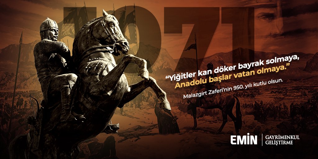 Anadolu'nun kapılarını ebediyen milletimize açan Malazgirt Zaferi'nin 950. yılını kutlar, bu kutlu zaferi bizlere miras bırakan büyük komutan Sultan Alparslan ve ordusunu rahmetle yad ederiz.

#Malazgirt1071 #MalazgirtZaferi