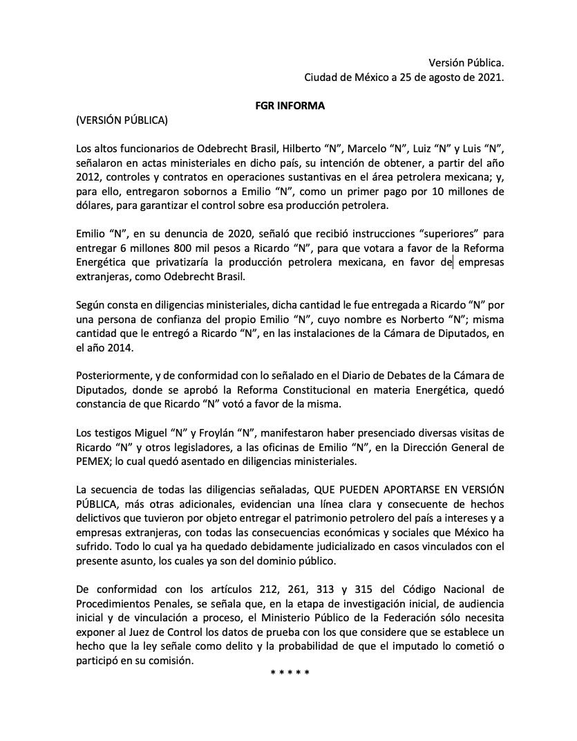 #FGRInforma: Versión pública caso Odebrecht/Ricardo “N”.
