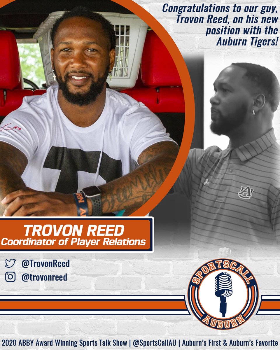 SportsCallAU's tweet photo. Many of you have been calling in &amp; asking..

We're equally sad &amp; excited to announce that @TrovonReed will not be a regular on #SportsCallAU with us, because he's joined @CoachHarsin's @AuburnFootball staff as Coordinator of Player Relations!

#WarEagle, Reed! We're proud of you! https://t.co/E5PBLExZrt