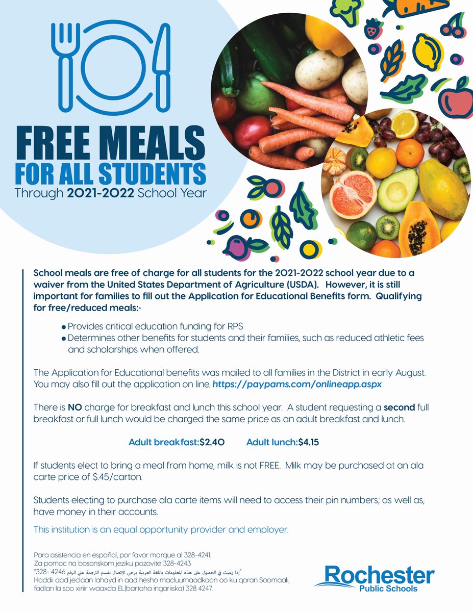 RPS School meals are FREE of charge for all students for the 2021-2022 school year due to a waiver from the United States Department of Agriculture (USDA). There is NO charge for breakfast and lunch this school year. For more information, see the flyer below.